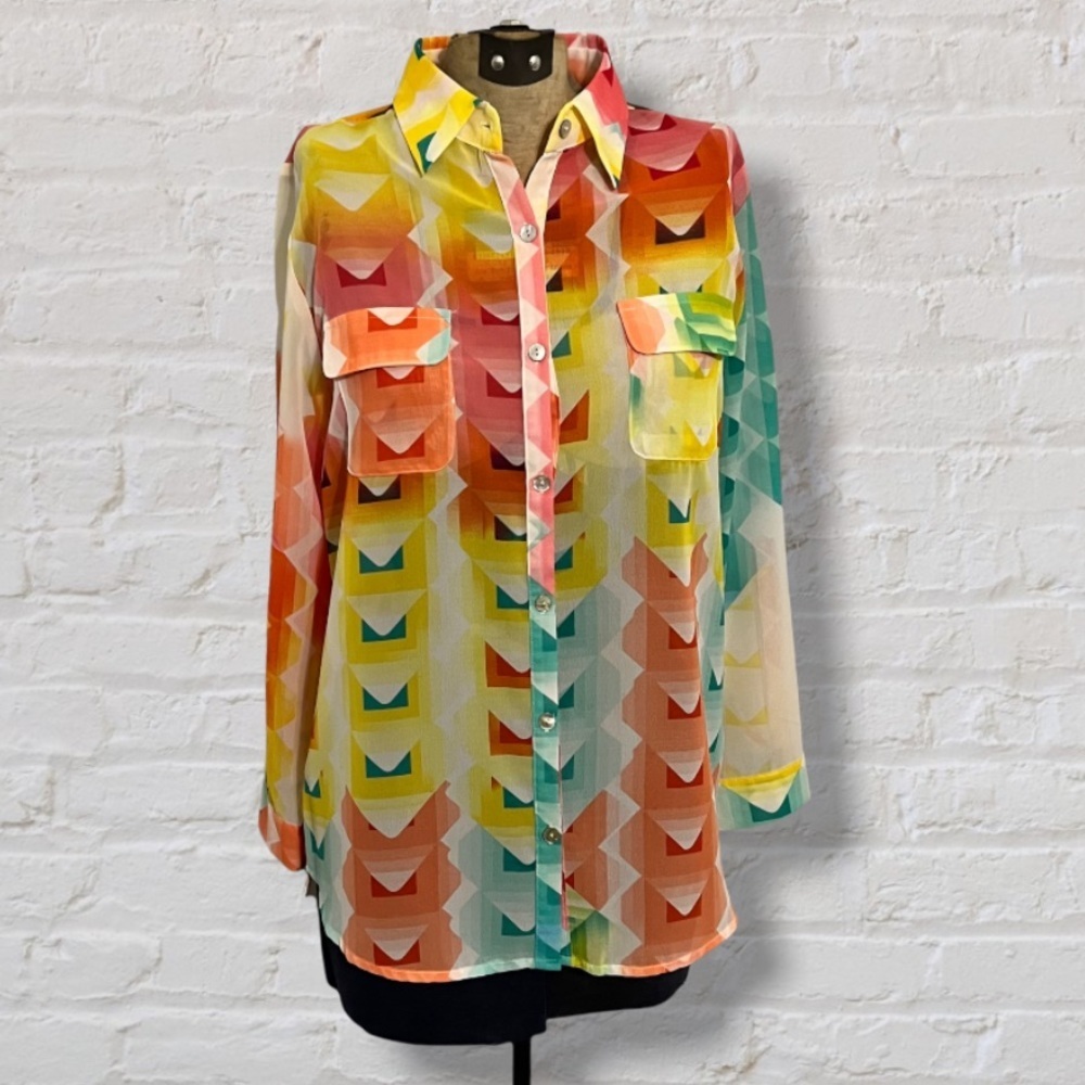 Madison Paige Yellow Orange Blue Geometric Print Shear Button Up Blouse Top